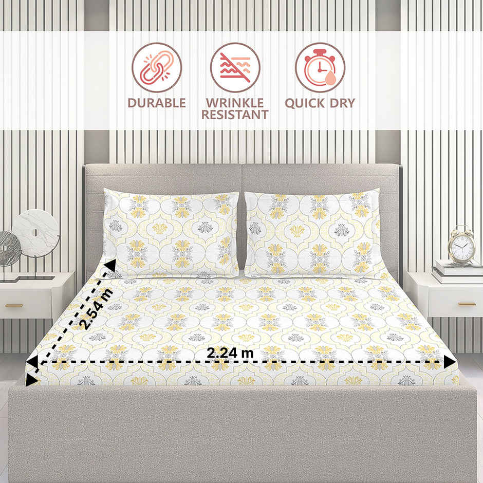 Layers Aura 110 GSM Yellow & White Double Bedsheet with 2 Pillow Covers