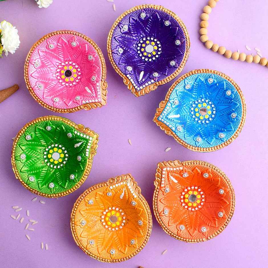 Designer Multicolor Clay Diya | Pack Of 6 | Satvik