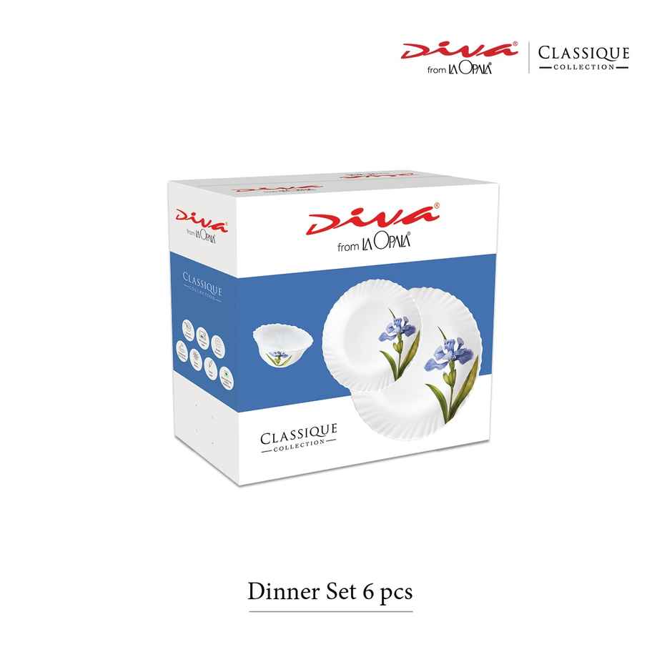La Opala Diva Classique Dinner Set | Opal Glass Crockery for Dining | 6 Pcs - Grace Blue