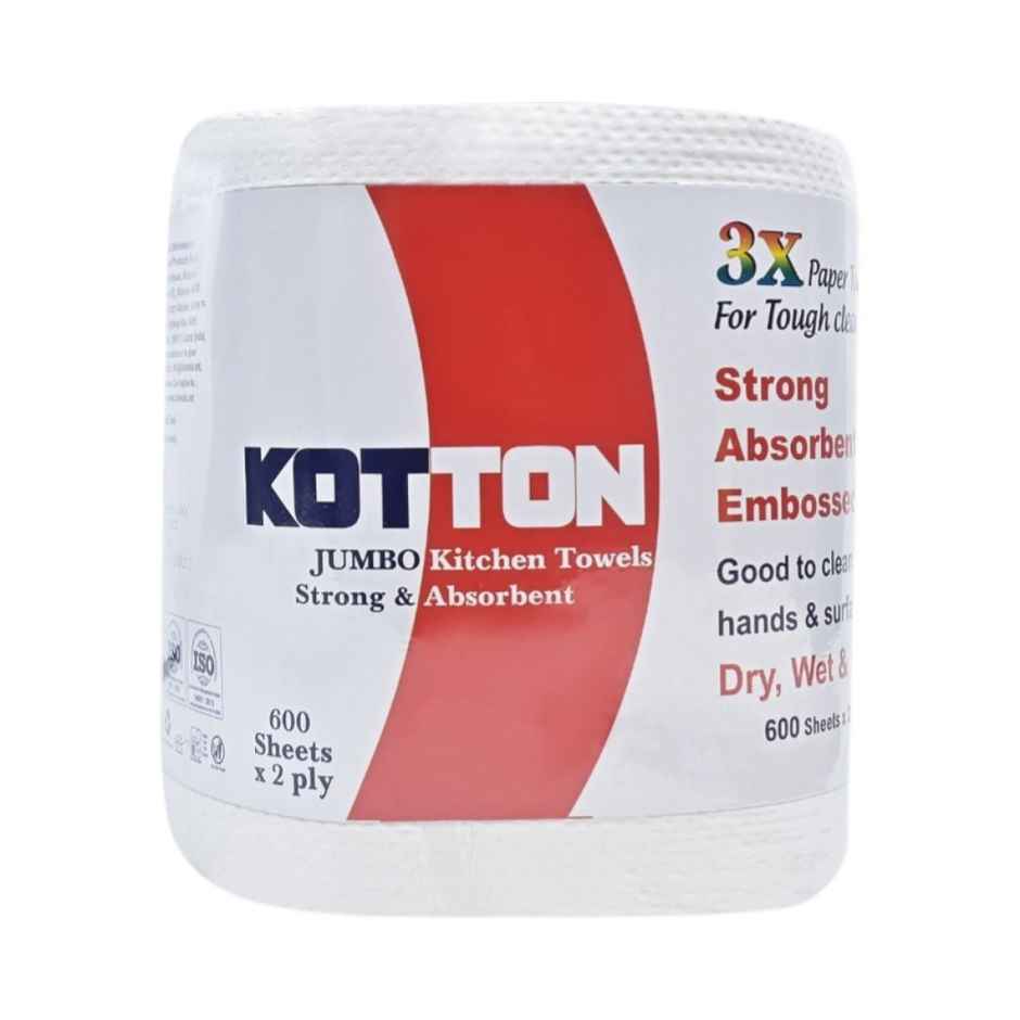 Kotton 2 Ply Jumbo Kitchen Towel Paper Roll/100% Virgin Pulp/Paper - pack of 1 Roll - 600 Sheets