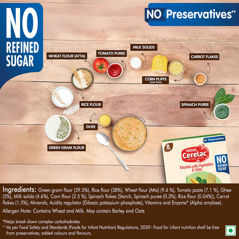 Nestle Cerelac Khichdi with Vegetables & Ghee Baby Food Cereal | No Refined Sugar & No Preservatives | 8-24 Months