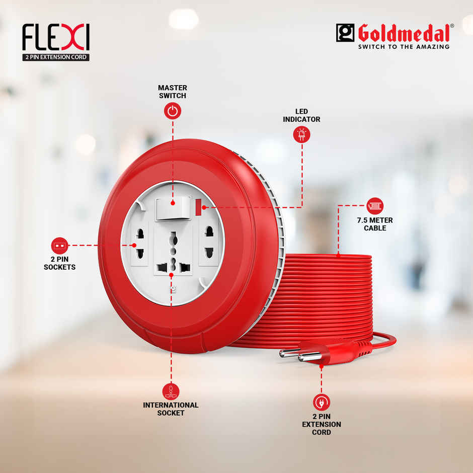 Goldmedal Flexi 2 Pin Extension Board with 7.5m Heavy Duty Extension Cord