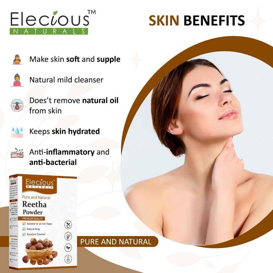 Elecious Pure Reetha Powder for Hair | Ideal for Hair, Face and Skin