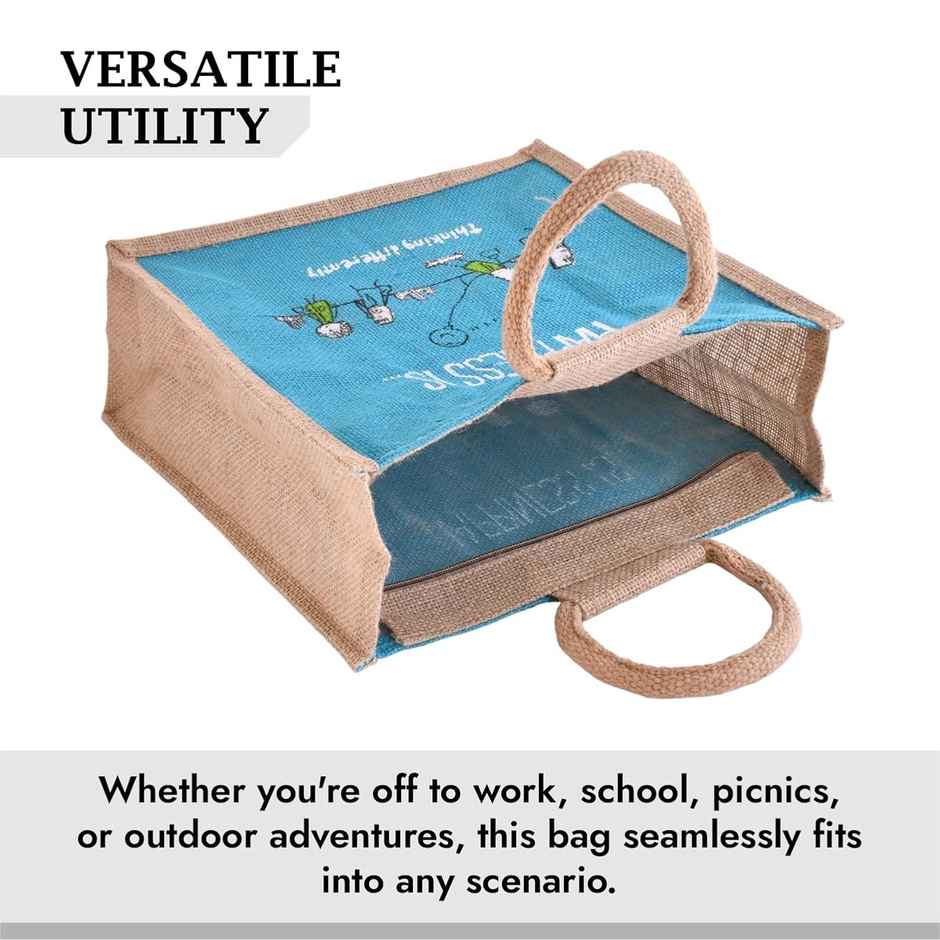 Kuber Industries Blue Happiness Medium Grocery Bag|Lunch Bags for Office with Zipp & Handle|Brown