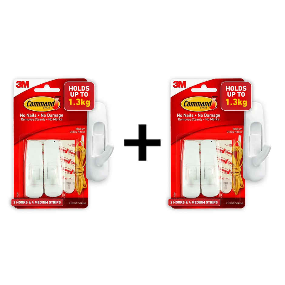 Command Wall Hook - Medium Size, Pack Of 2, Capacity - 1.3Kg Combo