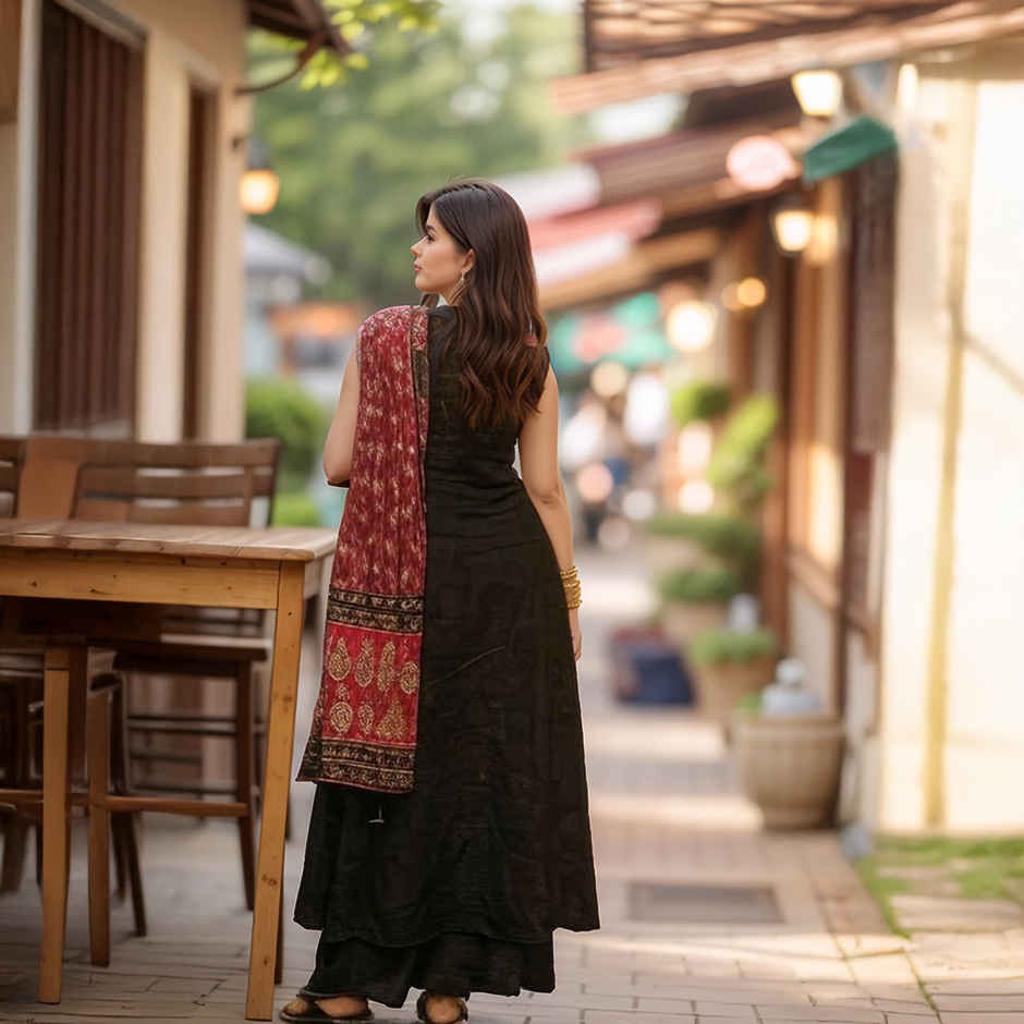 GoSriKi Women's Viscose Rayon Anarkali Solid Kurta with Pant & Dupatta | UMIKA | Black - L