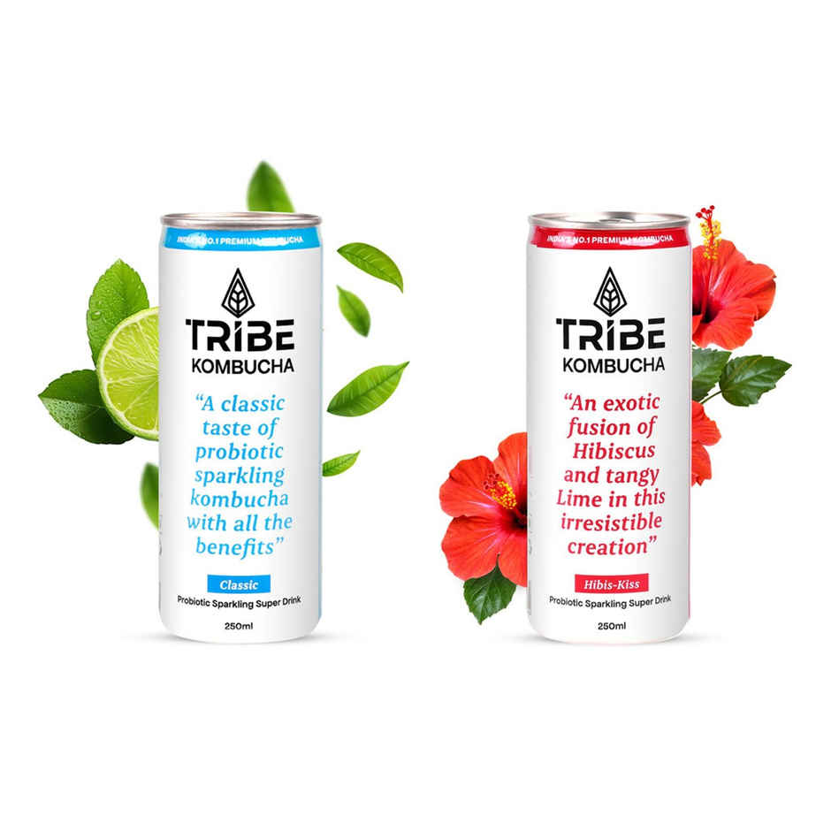Tribe Naturally Sparkling Probiotic Green Tea With Herbs & Spices Kombucha (250ml) & Tribe Naturally Sparkling Probiotic Herbal Green Tea With Hibiscus & Lemon Kombucha (250ml) Combo