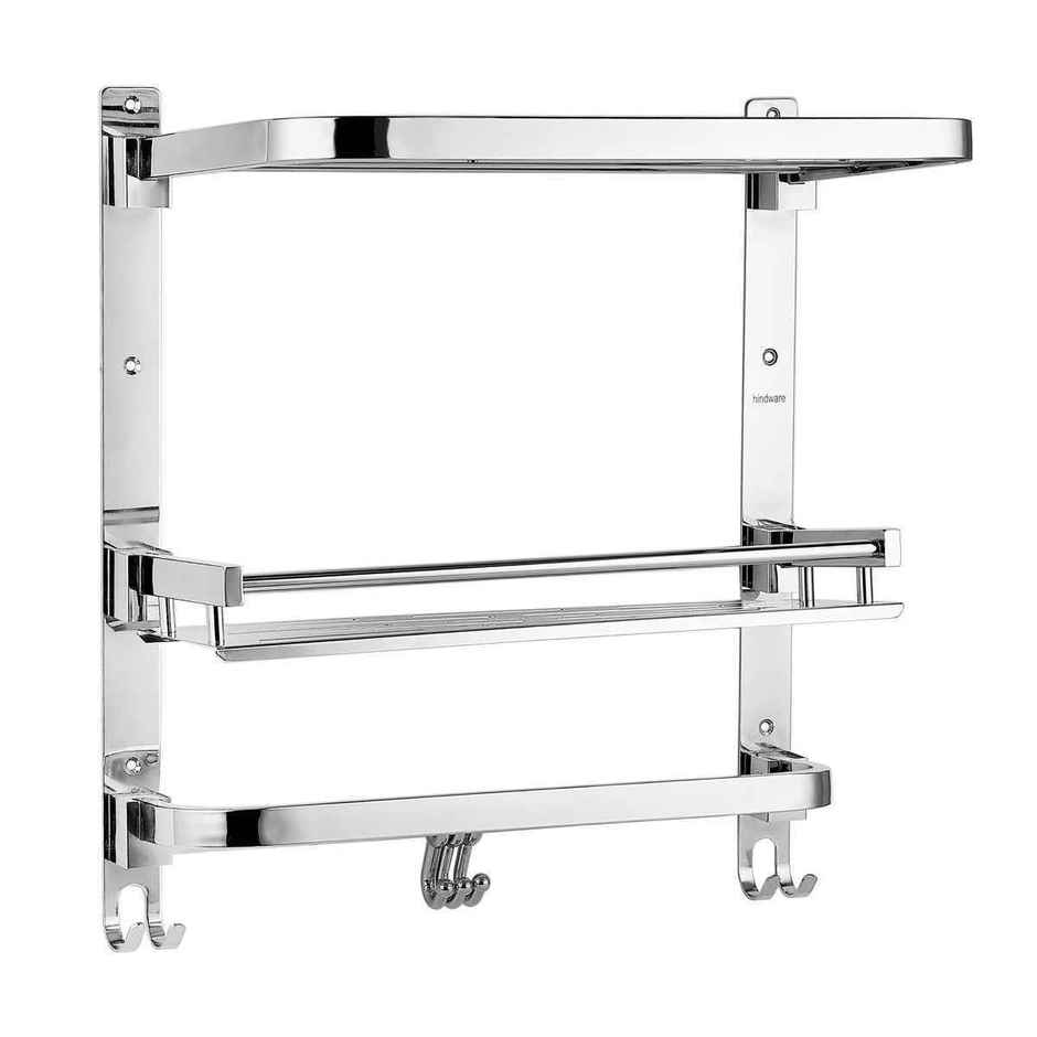 Hindware Multi-Purpose Shelf with Foldable Towel Rack | Stainless Steel Construction | 3 Layered