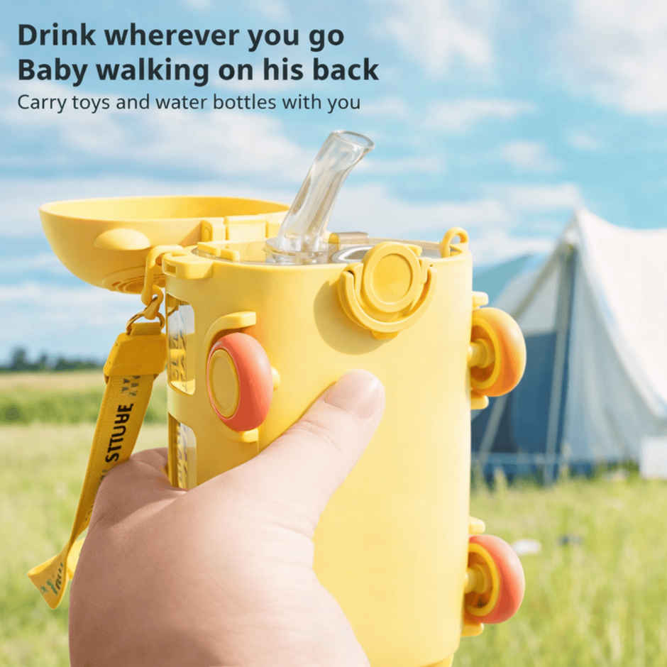 DesignLand Kids Bus Shaped Water Bottle with Shoulder Strap | Yellow - 550 ml