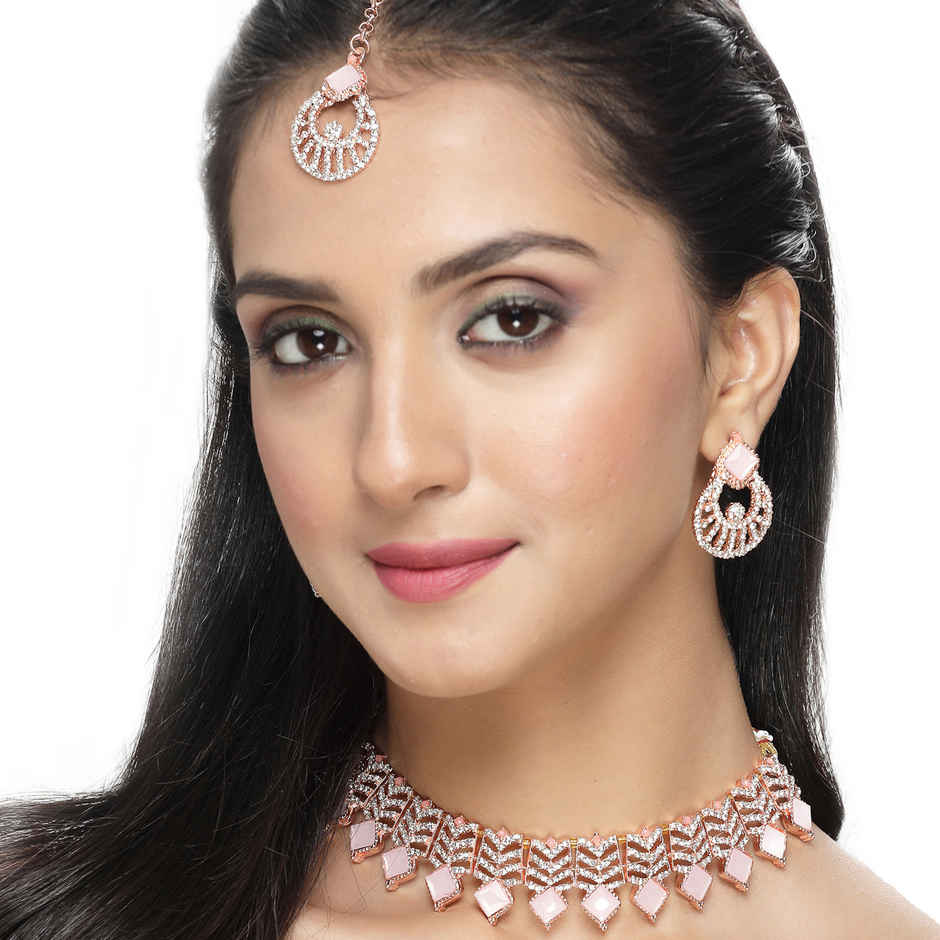 Sukkhi Seaside Gold Plated Pink Kundan & Beads Studded Choker Necklace Set