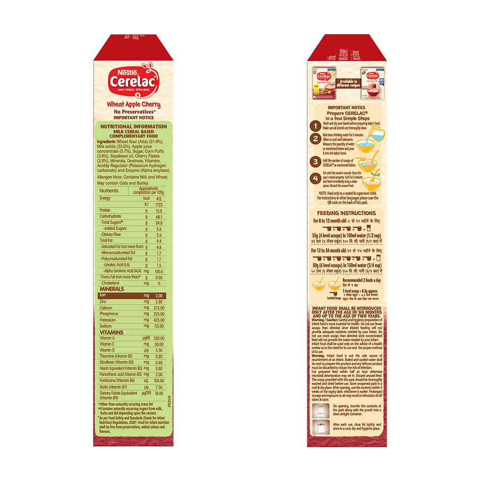 Nestle CERELAC Wheat Apple Cherry Baby Food Cereal, No Preservatives, 8 to 24 Months