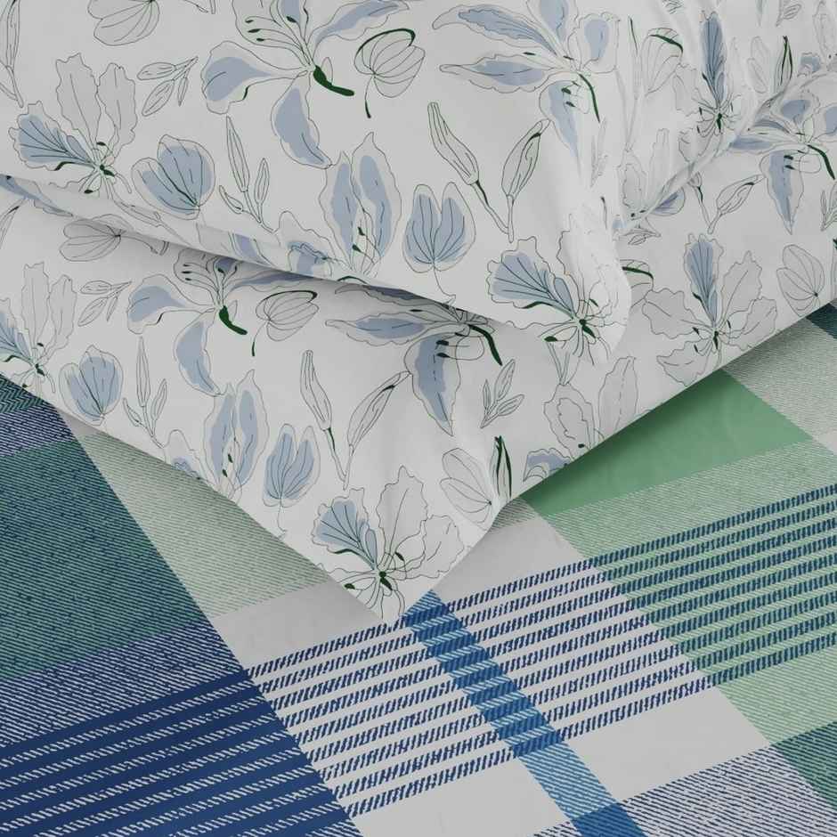 Kopa Bamboo Micro King Bedsheet With 2 Pillow Covers | Set of 3 | Santiago Checks | Mint, Blue