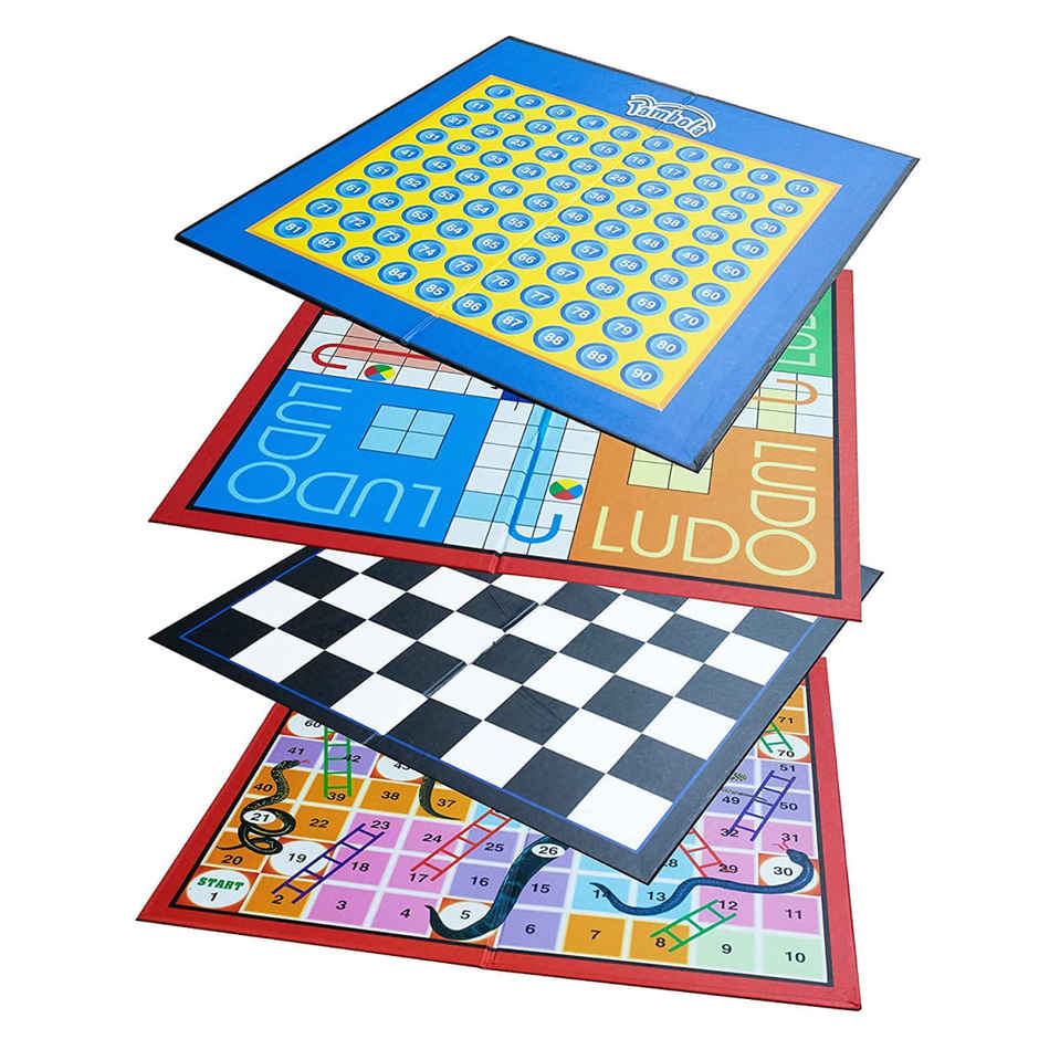 Ekta 4 In 1 Family Strategy Board Game Tambola Chess Ludo And Snakes & Ladders Family Game