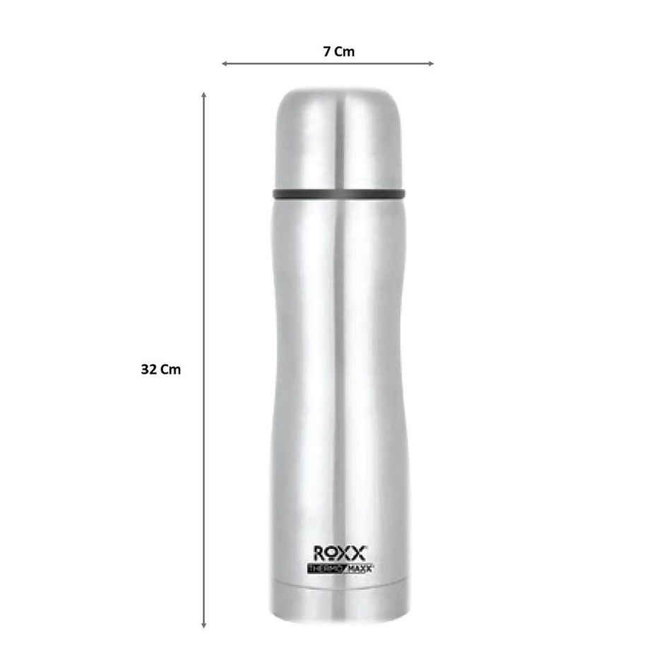 Roxx Silver Curvy Bullet Flask | 1 L | SS Vacuum Insulated | Leak-Proof | BPA-Free | Rust Resistant