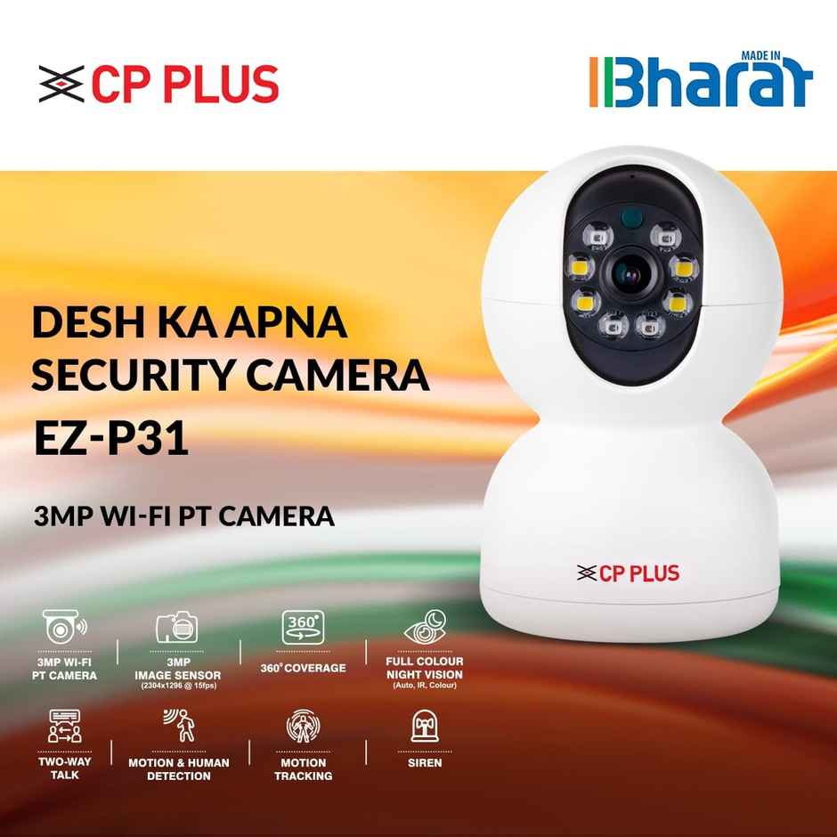 CP PLUS EZ-P31 3MP Smart Wi-fi CCTV Camera | 360Degree & Full HD Home Security | Full Color Night Vision | 2-Way Talk | Advanced Motion Tracking | SD Card Support (Upto 256GB) | IR Distance 20Mtr - White
