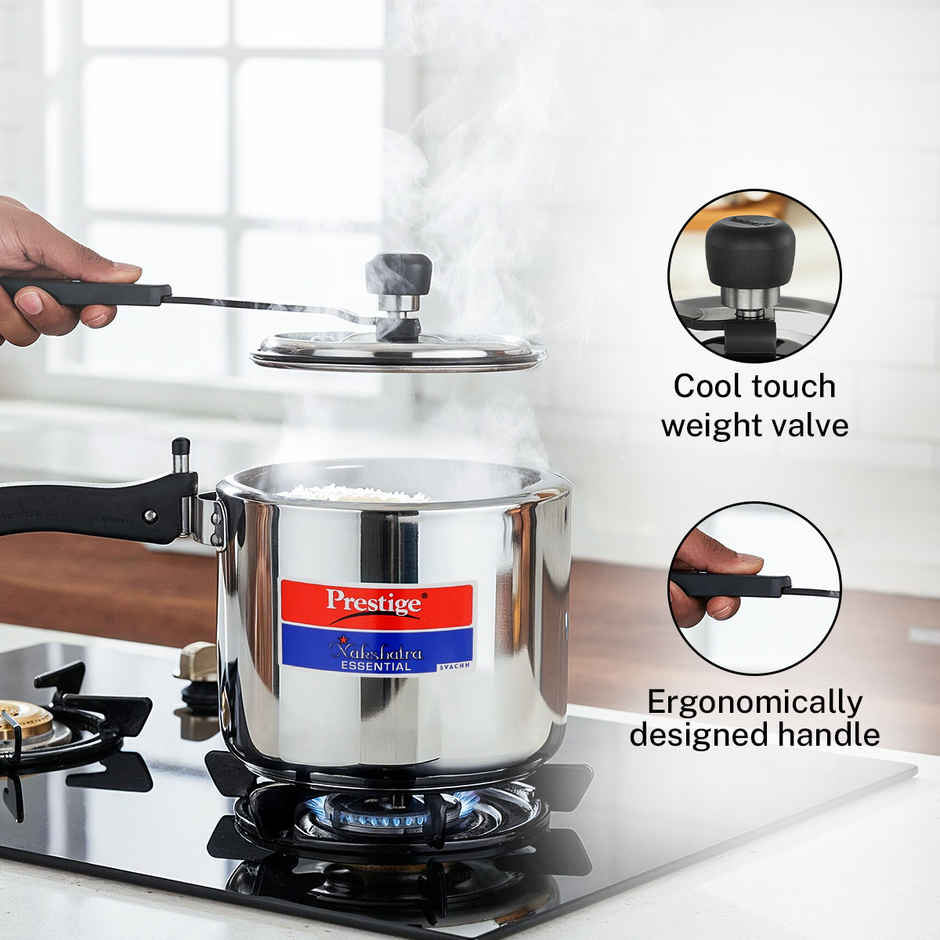 Prestige Nakshatra Essential Svachh SS Pressure Cooker 3L,Triply Base,Safety Plug,5Y Warranty,Silver