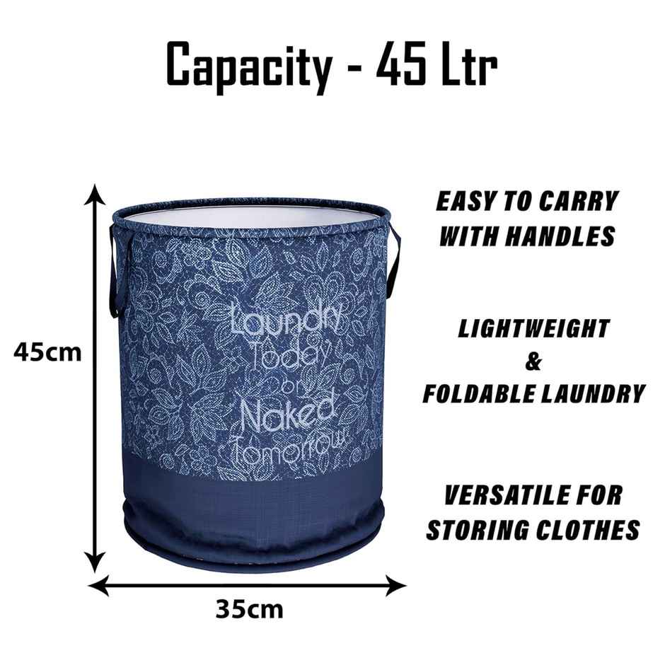 Kuber Industries Non Woven Flower 45 L Laundry Basket for Clothes Storage with Handle|Navy Blue