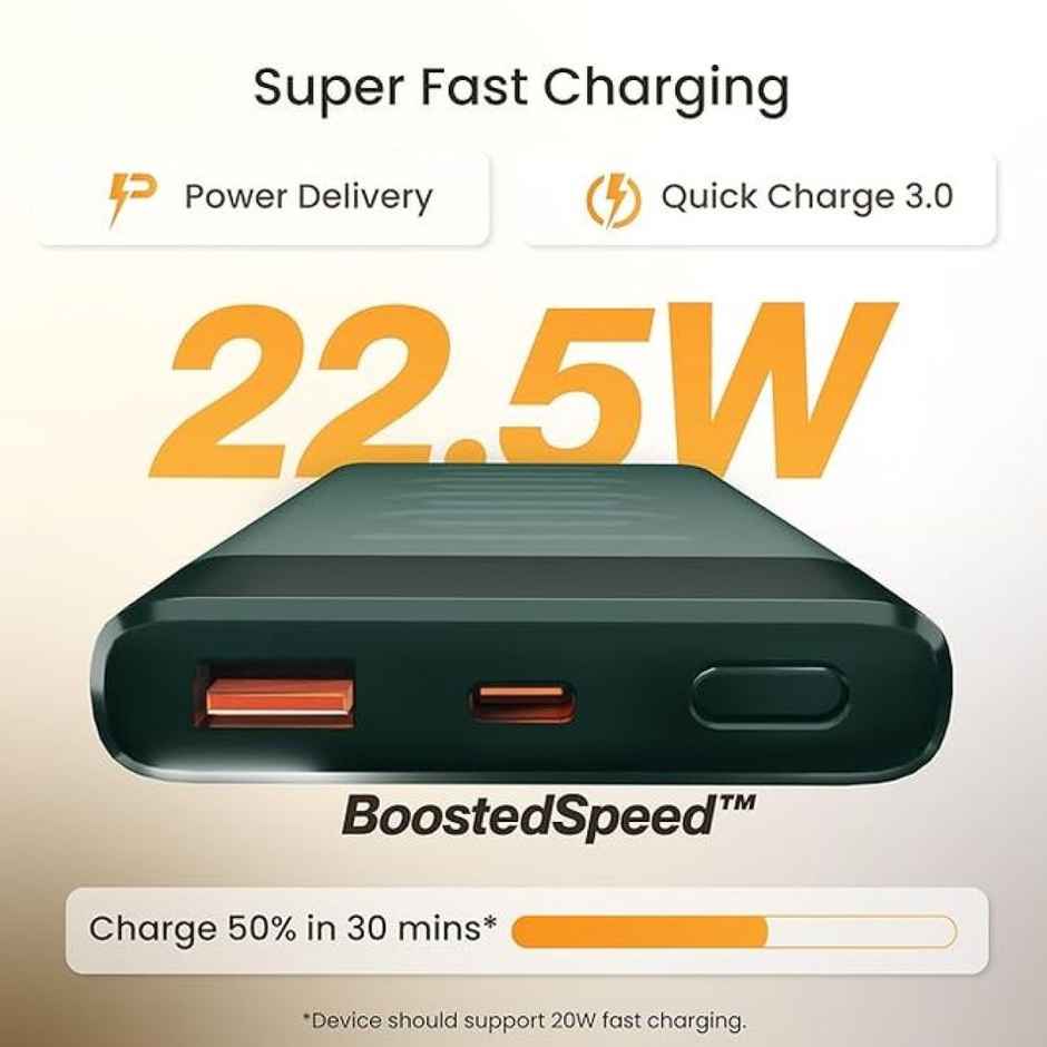 Ambrane 10000mAh Slim & Compact Wired Powerbank, 22.5W Fast Charging, USB & Type C Output, Power Delivery, Quick Charge for iPhone, Android & Other Devices, Made in India + Type C Cable (Stylo 10) - Green