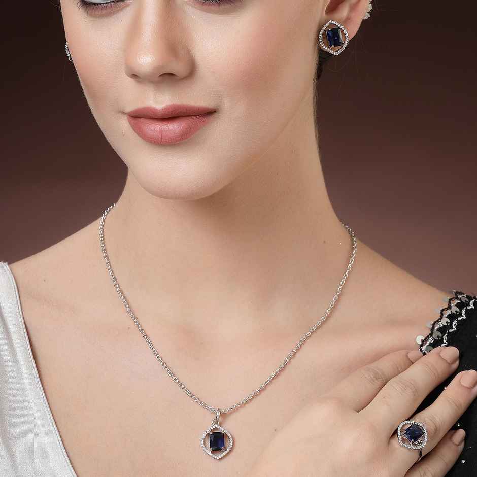 Zeneme Silver Plated AD Studded Marquise Halo Necklace and Earrings With Ring For Women & Girls