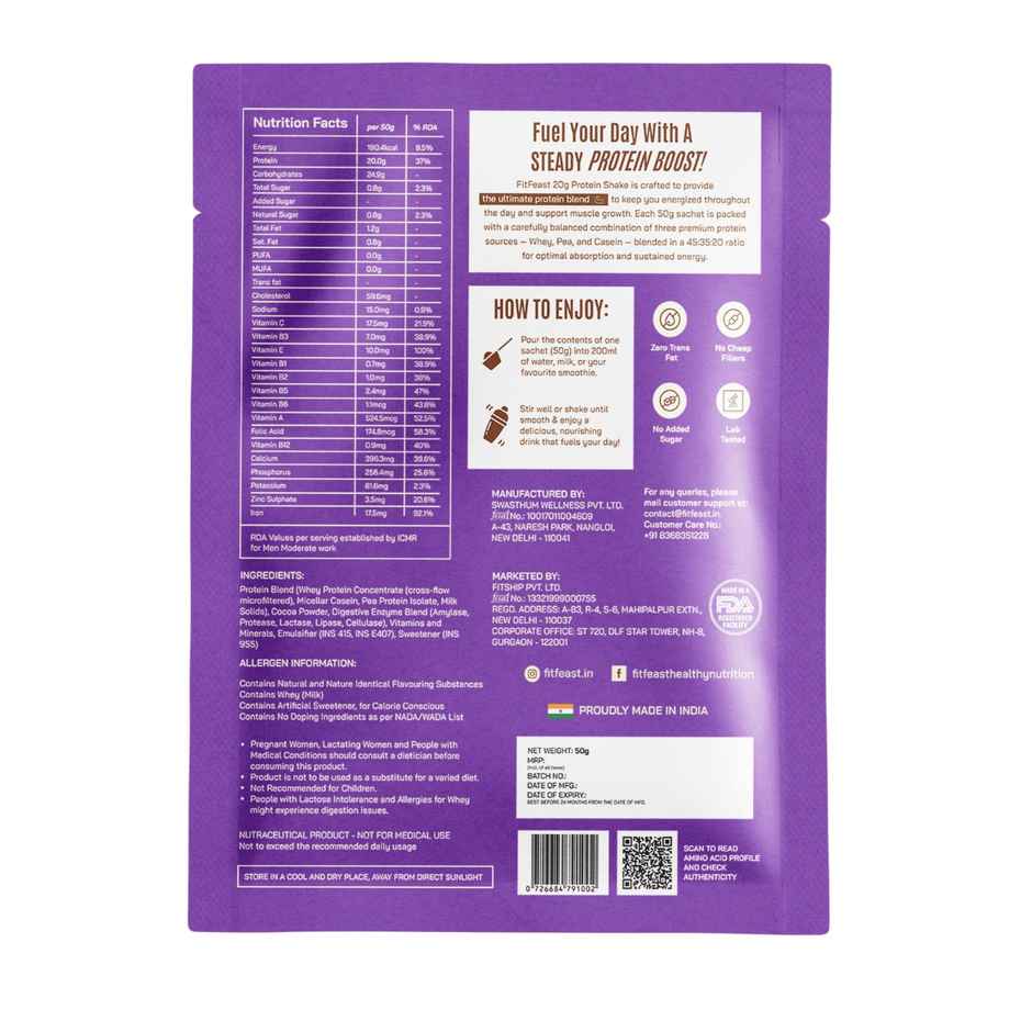 FitFeast Lab-Tested Chocolate Protein Shake Sachet | 20g Protein | Tastiest Protein Shake Combo
