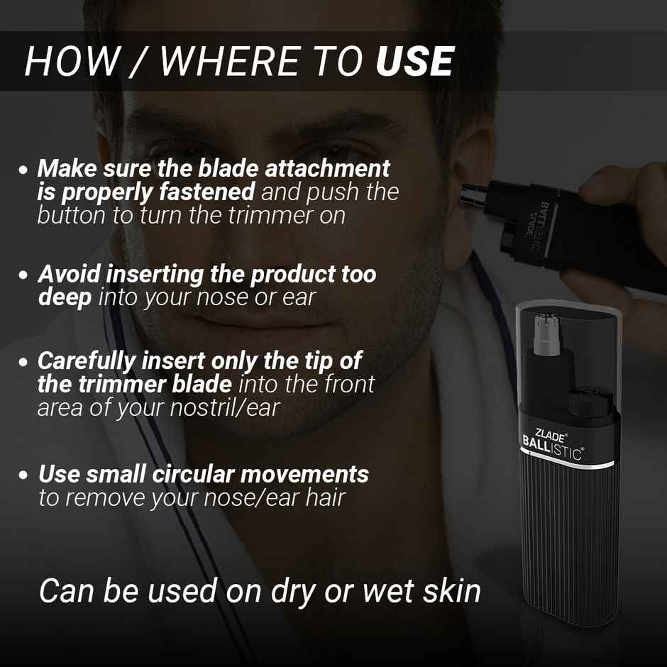 Zlade Ballistic Trimmer for Nose & Ear Hair | AAA Battery-Operated | Waterproof - Black