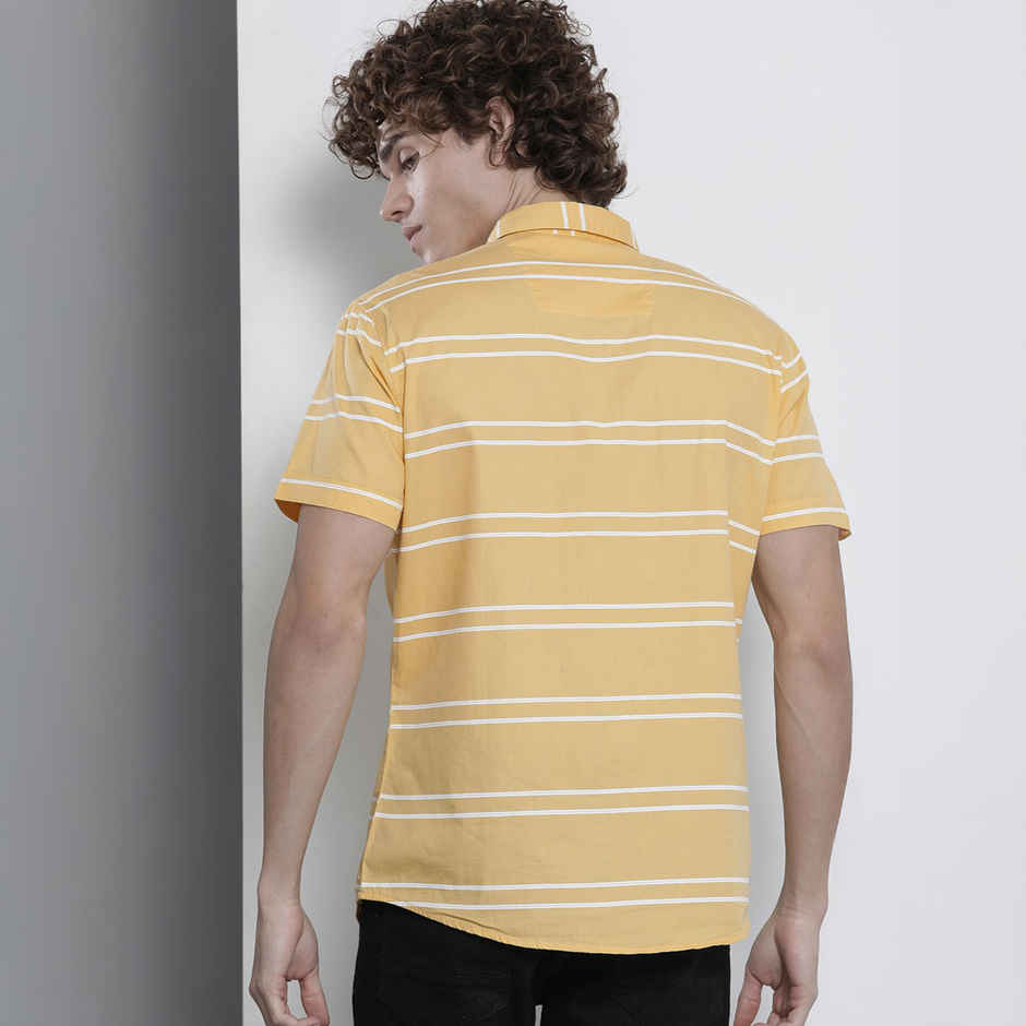 The Indian Garage Co Men's Slim Fit Striped Casual Half Sleeve Shirt | Yellow - M