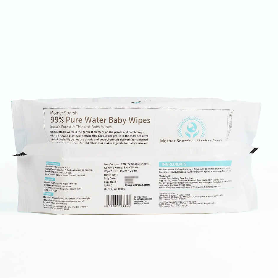 Mother Sparsh Water Baby Wipes For Kids | 0 - 3 years | 72 Pulls Per Pack