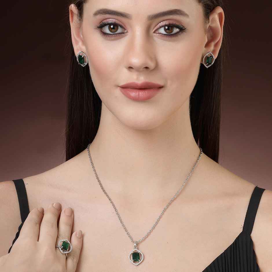 Zeneme Silver Plated AD Studded Marquise Halo Necklace and Earrings With Ring For Women & Girls