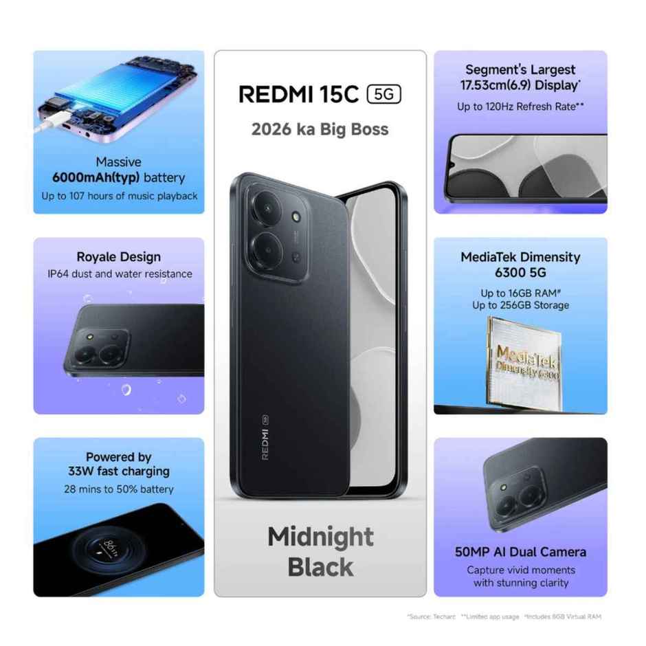 Redmi 15C 5G | 6GB RAM | 128GB Storage | 6.74 inch Display | 5G | Midnight Black