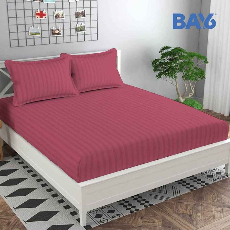 BAY6 Microfibre Solid Stripe Double Bedsheet - Wine Red | 220 x 240 cm + Two Pillow Covers