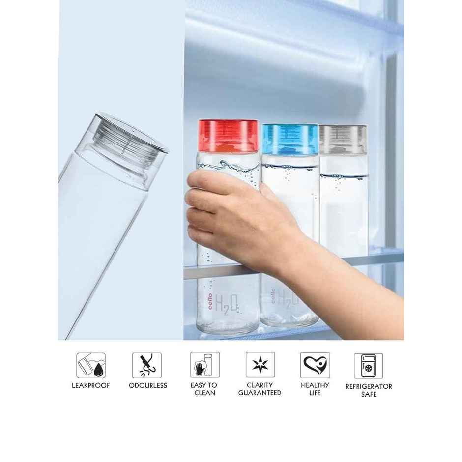 Cello Glass H2O Fridge Water Bottle with Plastic Cap | Red | 920 ml