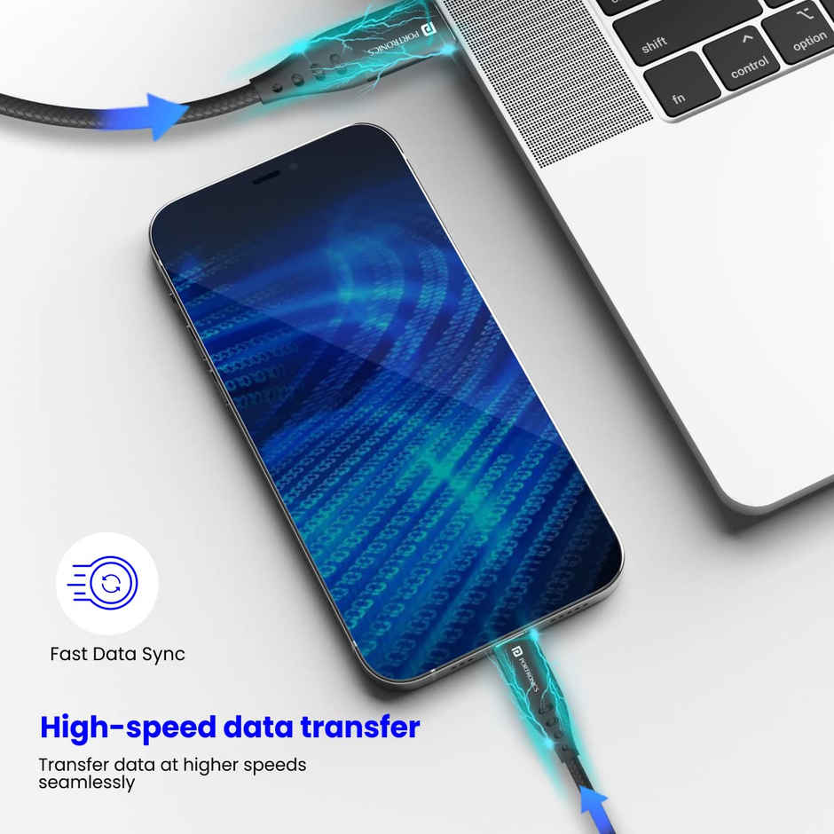 Portronics Konnect L1 20W Type C to 8 Pin Quick Charging Cable with Nylon Braided, Metal Heads, 1 M Length - Black