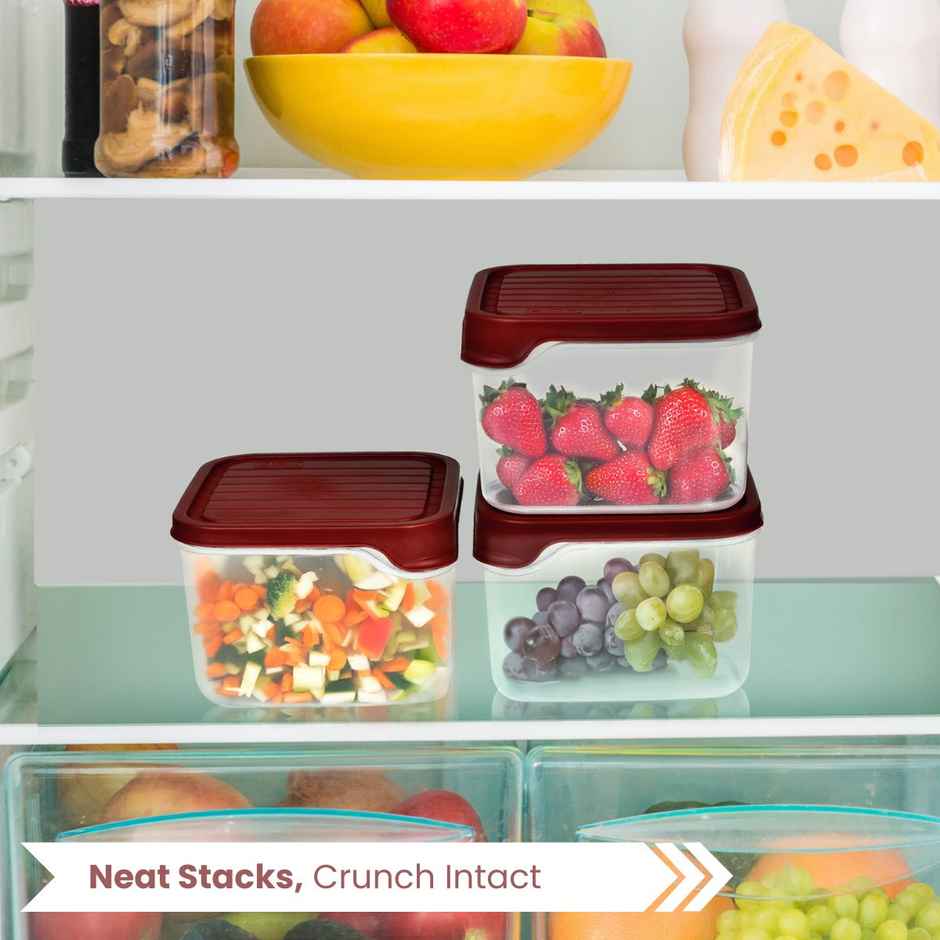 Flair Plastic Storewell Square Food Storage Containers 1150Ml - Set Of 3, (Maroon), Food Grade