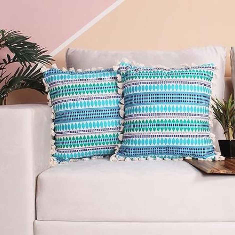 STITCHNEST Acrylic Striped Cushion Cover with Lace Set of 2 (16 x 16 Inches)