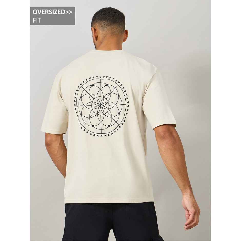 Styli Men's Oversized Cotton T-shirt with Geometric Back Print | Beige - XXL