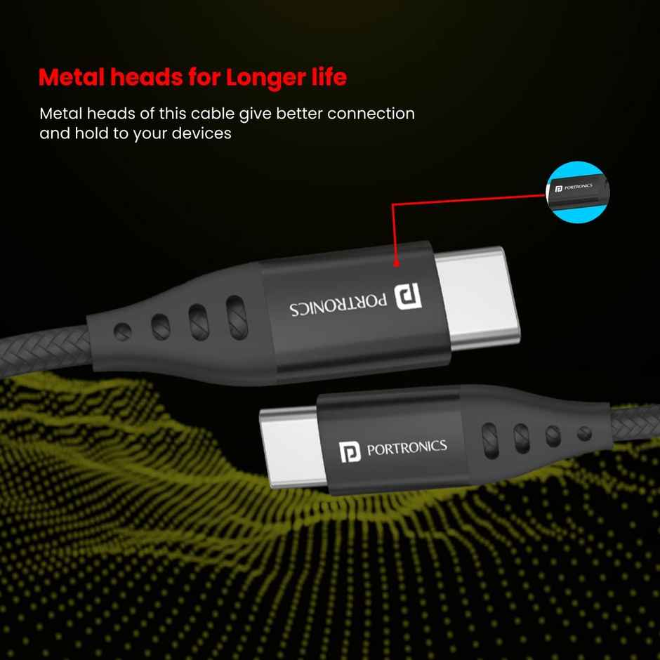 Portronics Konnect C1 20W PD Type C to Type C Unbreakable Data & Charging Cable, Nylon Braided with Metal Heads, 1M Length - Black