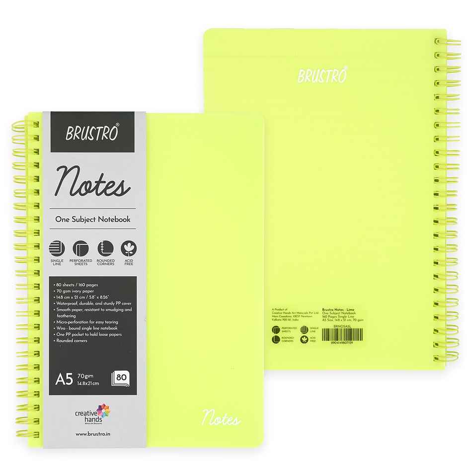 Brustro Notes A5 1 Subject Ruled Notebook | 160 Pages | 14.8 x 21 cm, 70Gsm Ivory Paper | Lime Cover