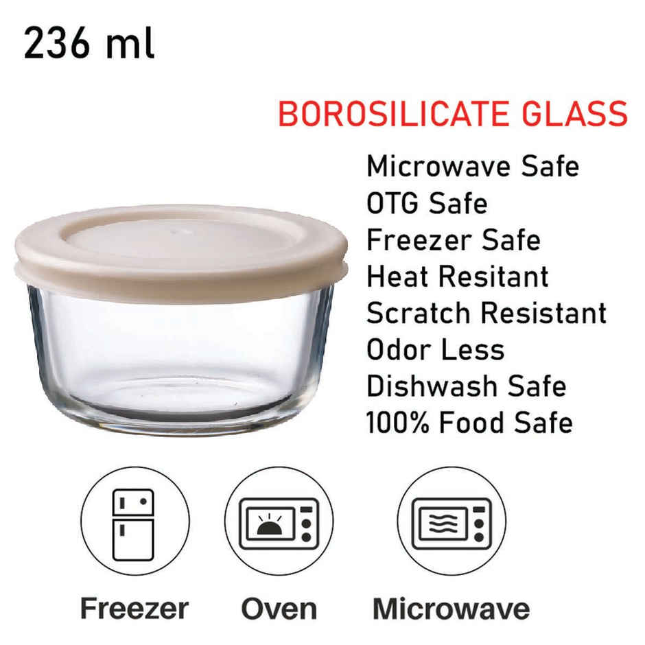 BAY6 Premium Imported Borosilicate Glass Container with Lid -236 ml - Round - Set of 2 - Beige