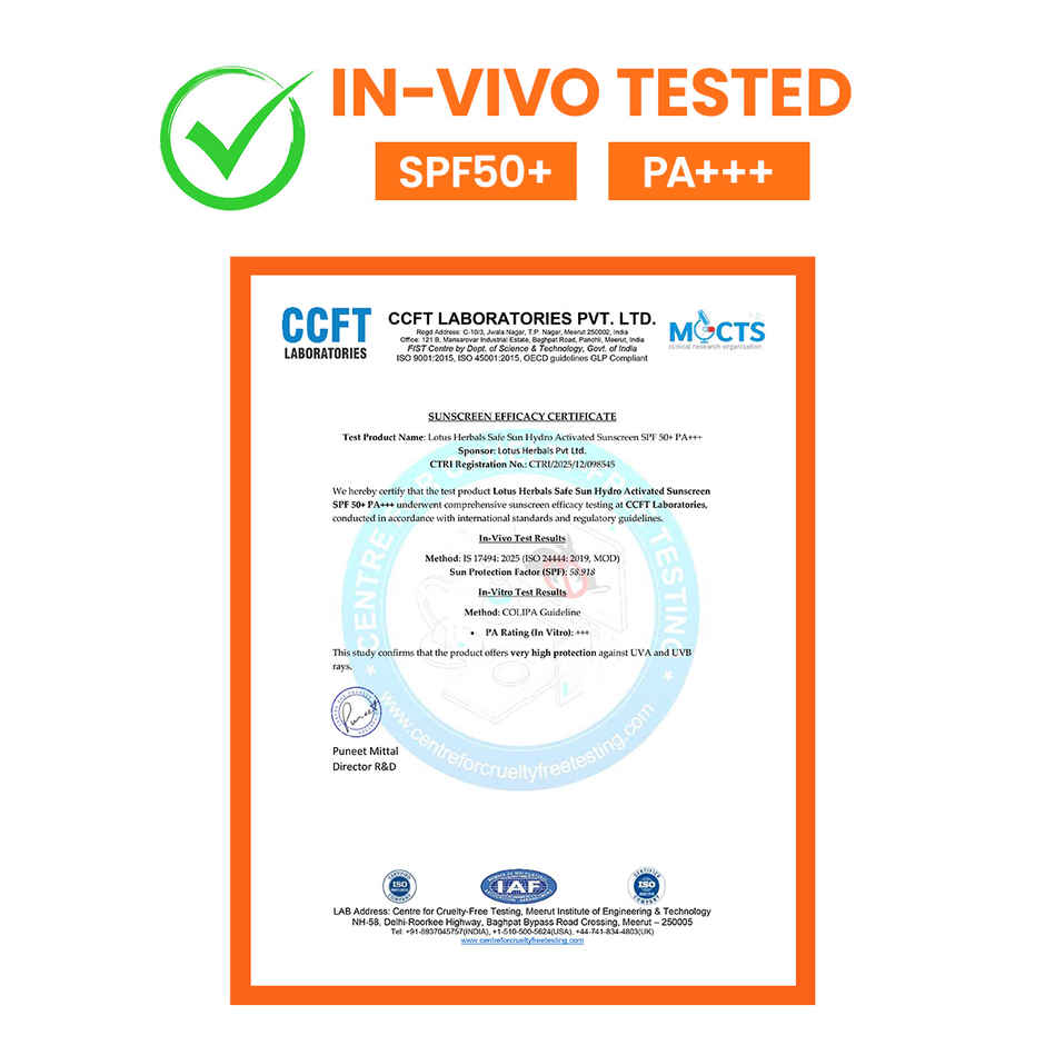 Lotus Herbals Safe Sun HydroActivated Sunscreen SPF 50+ PA+++ | IN-VIVO Tested | No White Cast