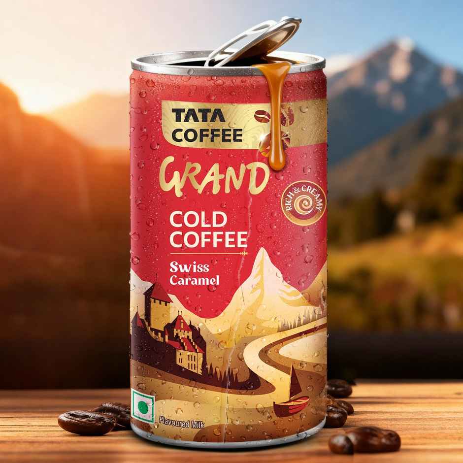 Tata Cold Coffee Swiss Caramel Iced Coffee, Rich & Creamy, Flavoured Milk, Can