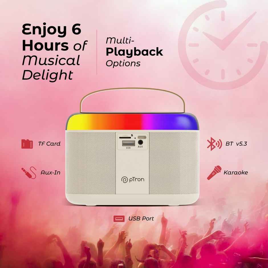 pTron Fusion Joy 20W Bluetooth Speaker with Wireless Karaoke Mic | RGB Lights | 6Hrs Playtime - Cream
