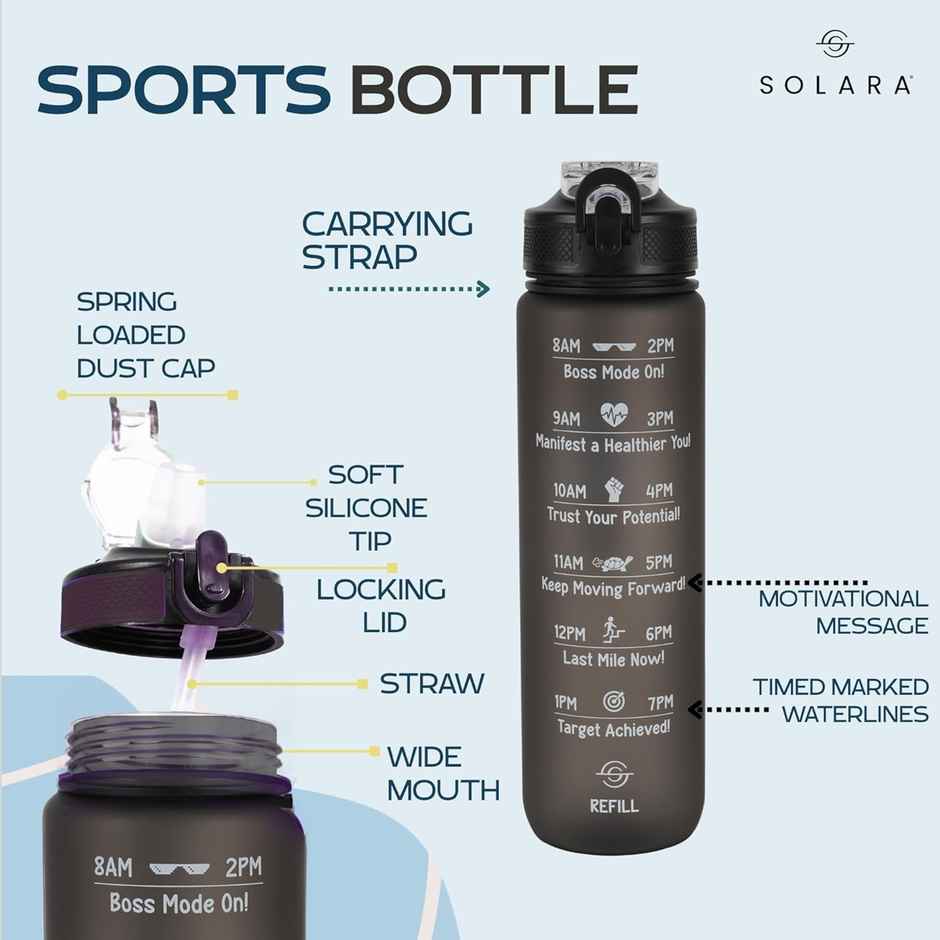 Solara Insulated Water Bottle 1 Liter For Travel, Office, School, Gym, Sipper Bottle- Black Knight