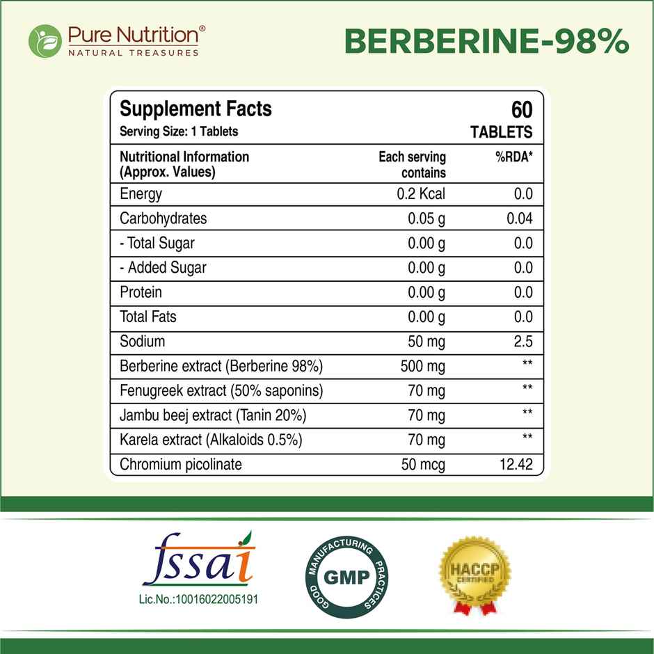 Pure Nutrition Berberine 98% | Blood Sugar Support, Metabolism & Weight Management | 60 Veg Tablets