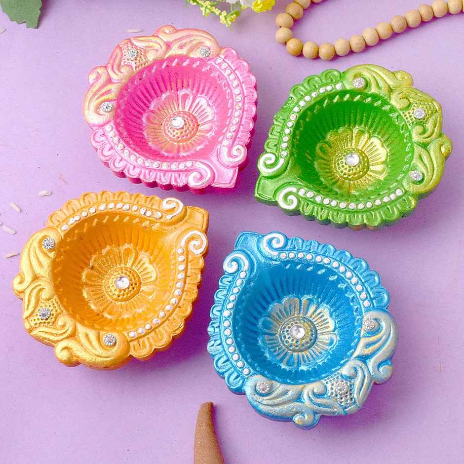 Designer Multicolor Clay Diya | Pack of 4 | Satvik