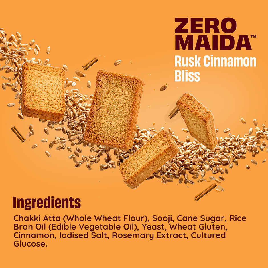 The Health Factory Rusk Cinnamon Bliss | Zero Maida | Source of Protein & Fibre | Wheat Rusk Toast | Tea Time Snack