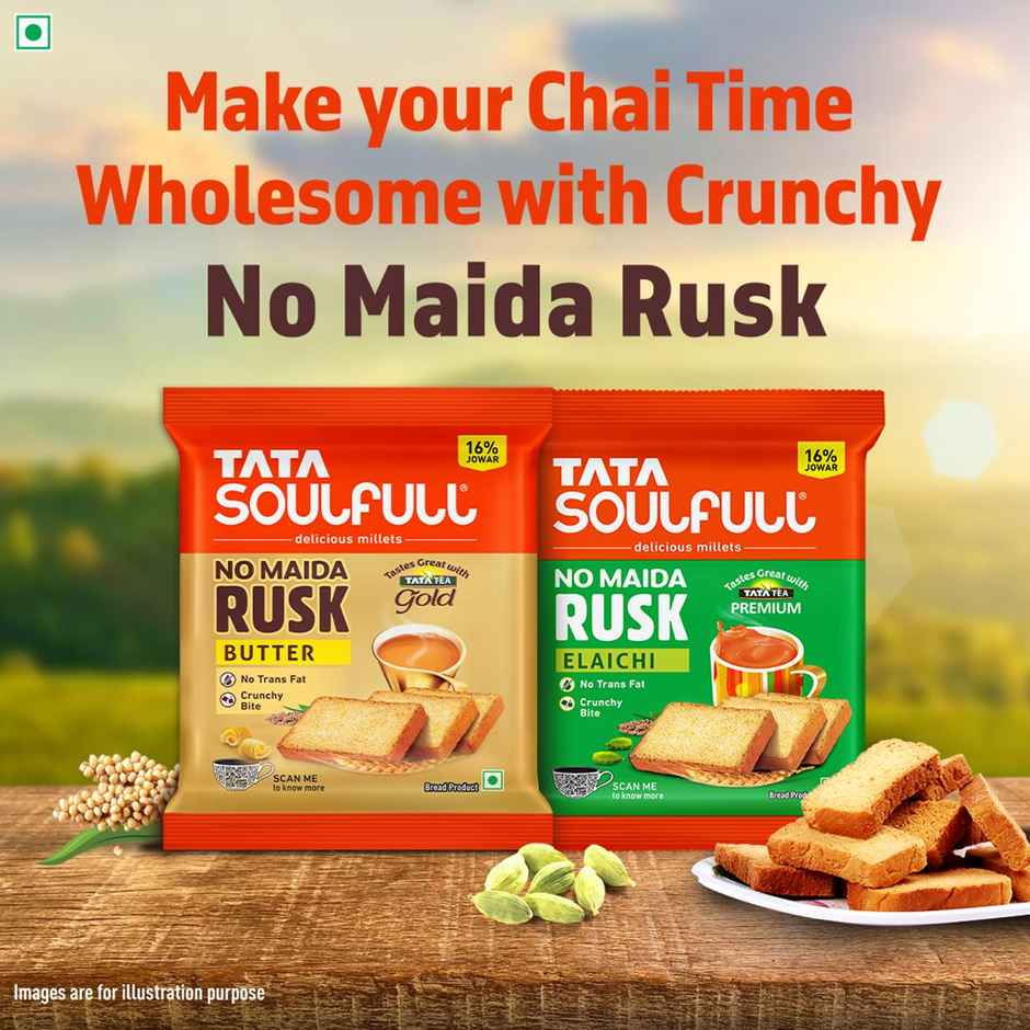 Tata Soulfull No Maida Elaichi Rusk, Whole Wheat Atta & Jowar, Crunchy Tea-Time Snack