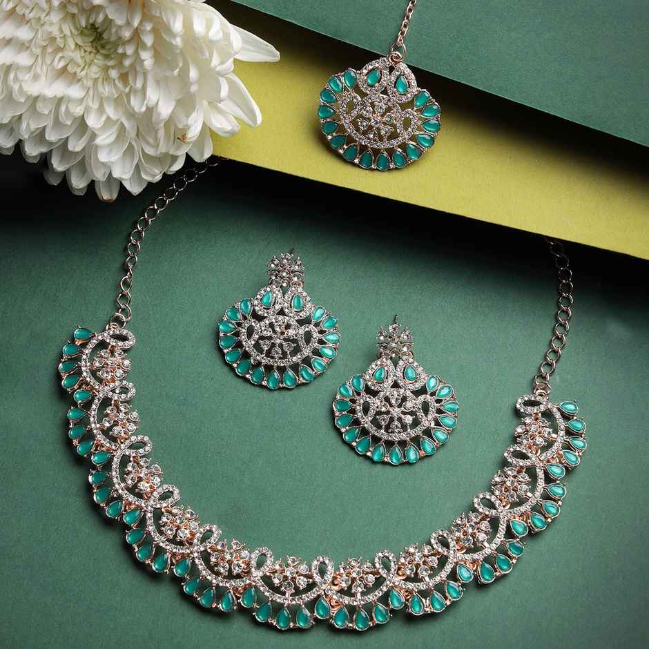Sukkhi Stunning Gold Plated Green Stone Studded Choker Necklace Set