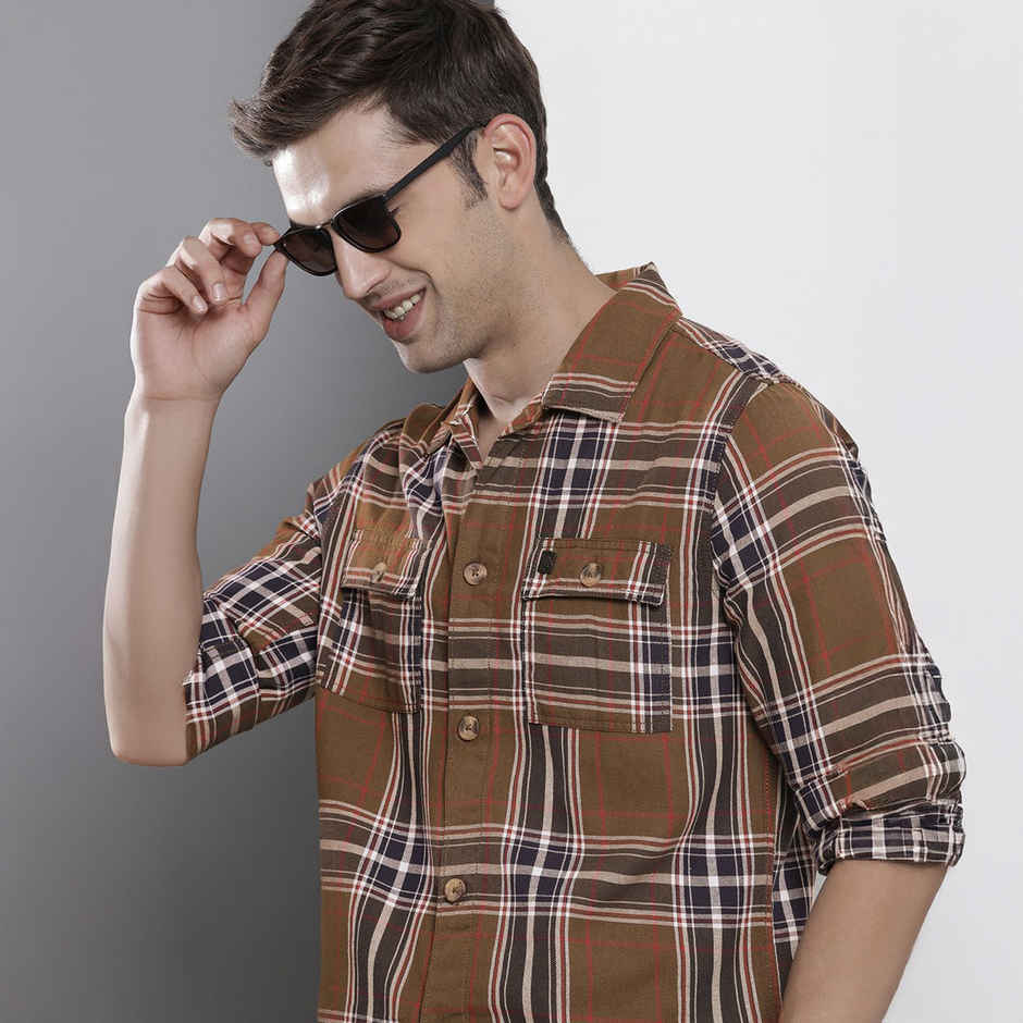 The Indian Garage Co Men's Regular Fit Checked Street Shirt | Olive - M