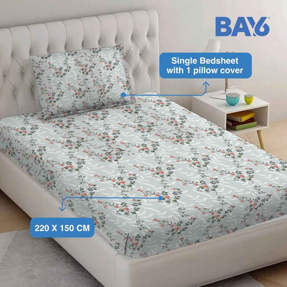 BAY6 Microfibre Floral Print Single Bedsheet with Pillow Cover | Grey | 59 x 87 in