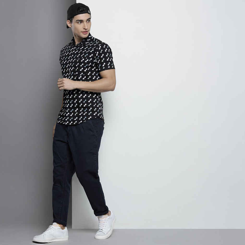 The Indian Garage Co Men's Slim Fit Conversational Print Resort Half Sleeve Shirt | Black - S